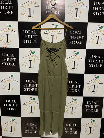 ZARA |XS| BUST 14| B6| OLIVE GREEN CUT-OUT SLIP MIDI DRESS