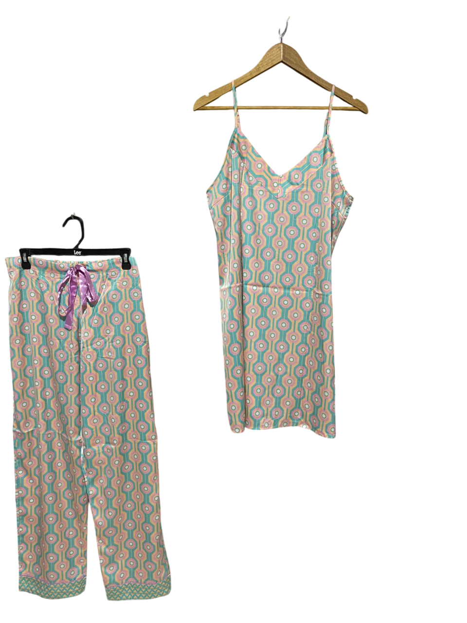 & ME |XL| B6| WOMEN'S TWO-PIECE RETRO GEOMETRIC PRINT SATIN PYJAMA SET