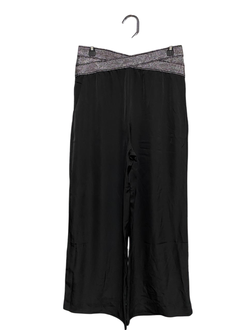 DAIZZE |XL| WAIST 30| B7| ELEGANT BLACK SATIN WIDE-LEG TROUSERS – GLITTER METALLIC CROSSOVER WAISTBAND