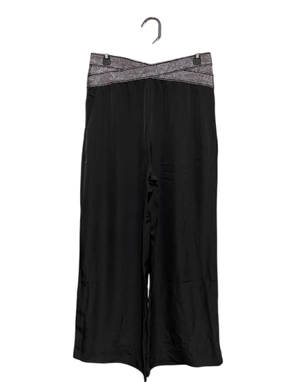 DAIZZE |XL| WAIST 30| B7| ELEGANT BLACK SATIN WIDE-LEG TROUSERS – GLITTER METALLIC CROSSOVER WAISTBAND