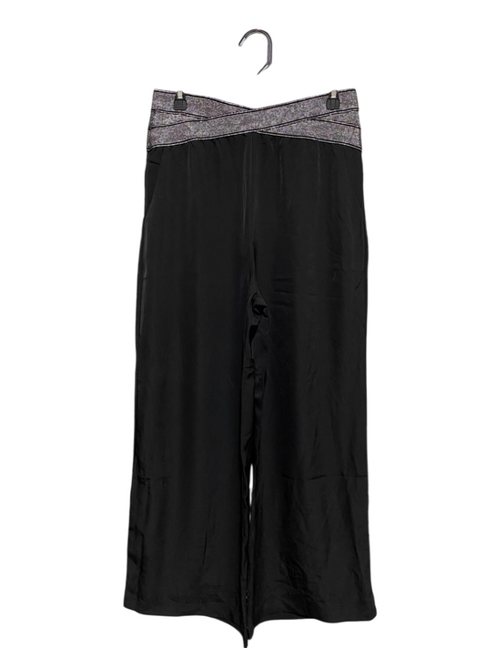 DAIZZE |XL| WAIST 30| B7| ELEGANT BLACK SATIN WIDE-LEG TROUSERS – GLITTER METALLIC CROSSOVER WAISTBAND