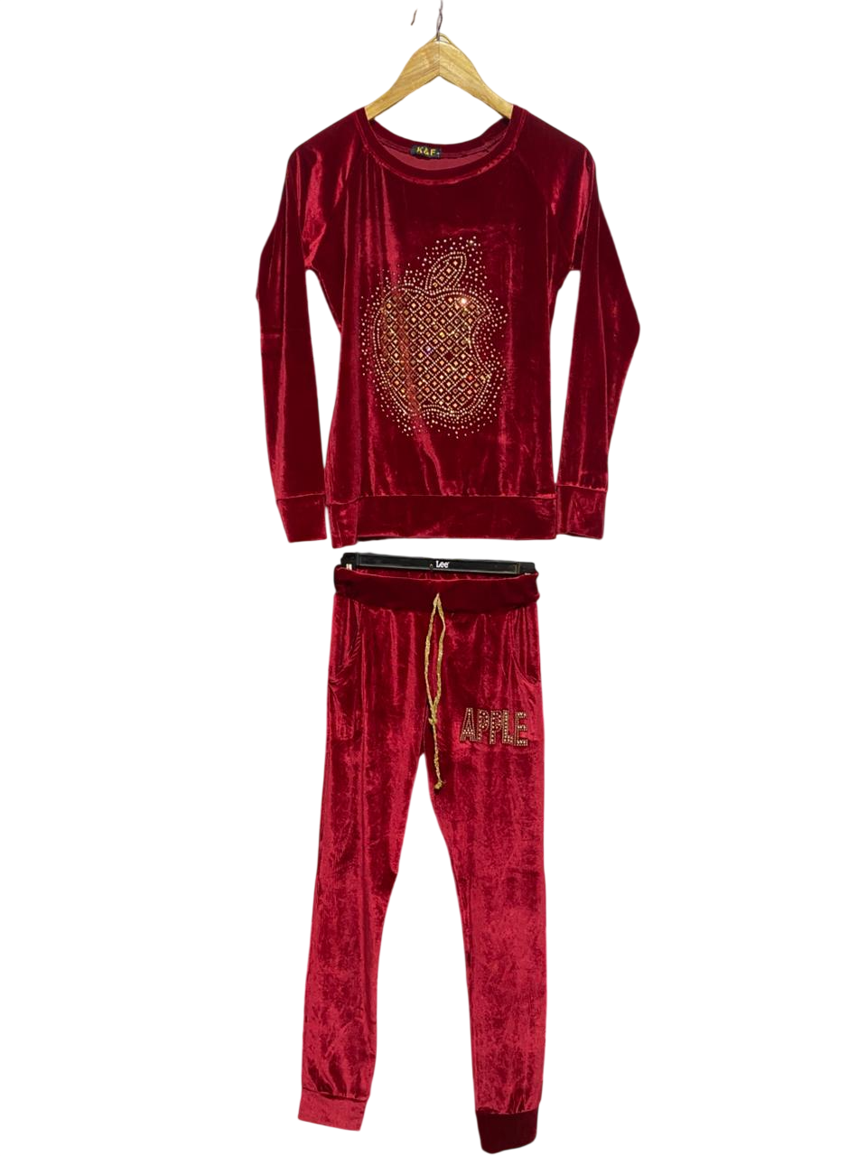 K&F |S| B7| LUXURY DEEP RED VELVET TRACKSUIT SET – CRYSTAL EMBELLISHED LOGO LOUNGEWEAR