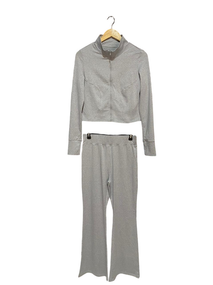 SHEIN |L| B7| PREMIUM GREY MARL ACTIVEWEAR SET – ZIP-UP CROP JACKET & FLARED YOGA PANTS