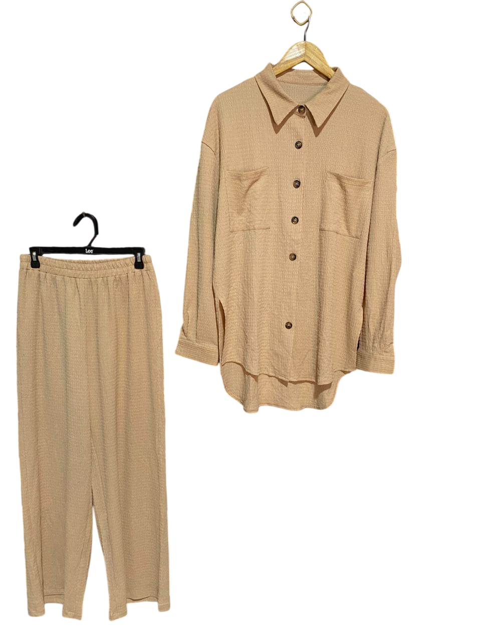 SHEIN |M| B7| PREMIUM TEXTURED WAFFLE KNIT TWO-PIECE SET – BEIGE CHIC LOUNGEWEAR