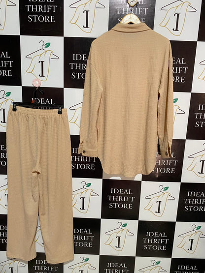 SHEIN |M| B7| PREMIUM TEXTURED WAFFLE KNIT TWO-PIECE SET – BEIGE CHIC LOUNGEWEAR