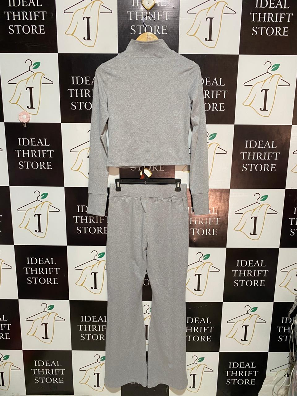 SHEIN |L| B7| PREMIUM GREY MARL ACTIVEWEAR SET – ZIP-UP CROP JACKET & FLARED YOGA PANTS
