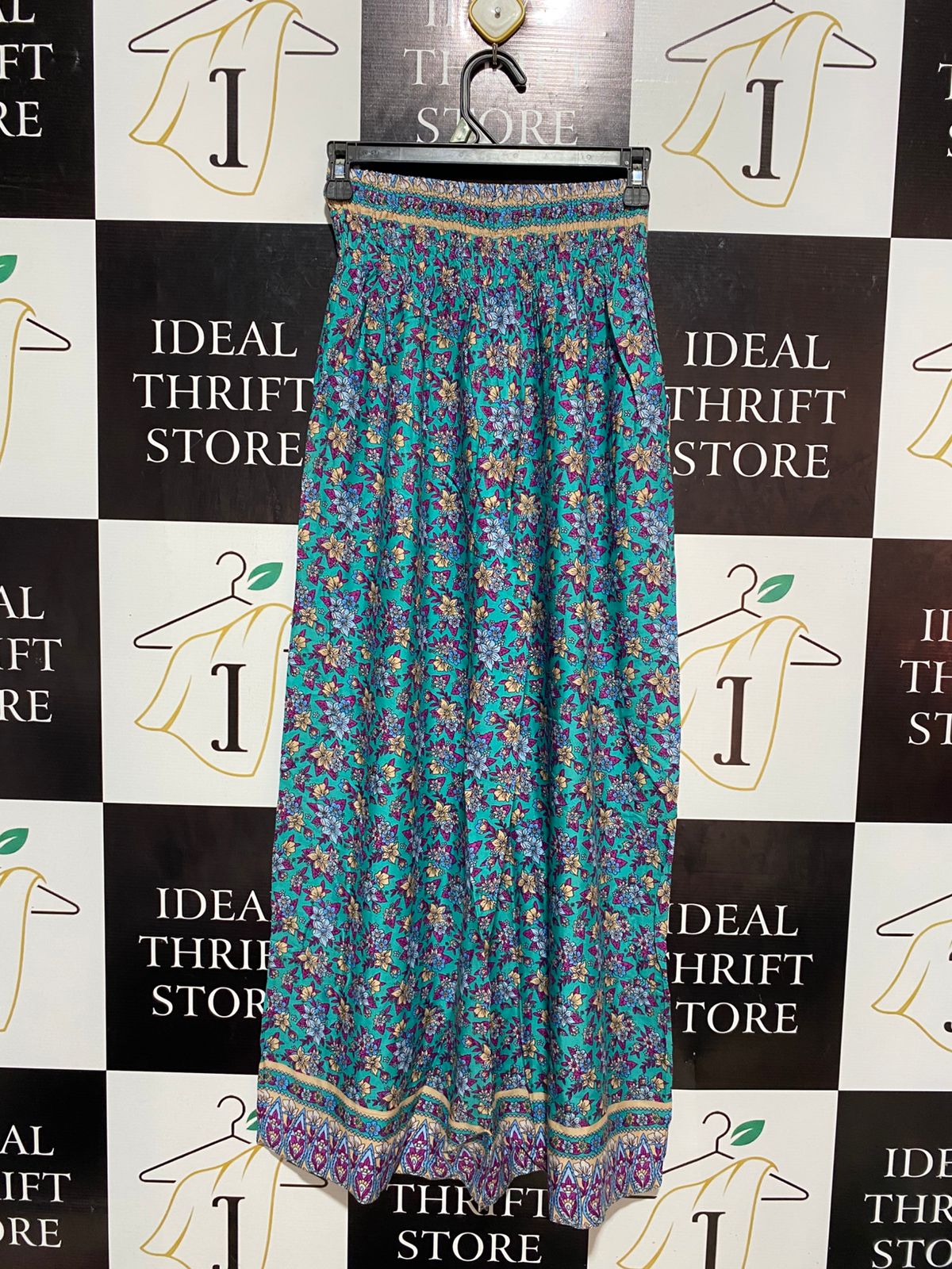 |S| WAIST 24| B7| BOHEMIAN TEAL FLORAL WIDE-LEG PALAZZO PANTS