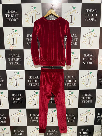 K&F |S| B7| LUXURY DEEP RED VELVET TRACKSUIT SET – CRYSTAL EMBELLISHED LOGO LOUNGEWEAR