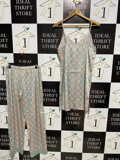& ME |XL| B6| WOMEN'S TWO-PIECE RETRO GEOMETRIC PRINT SATIN PYJAMA SET