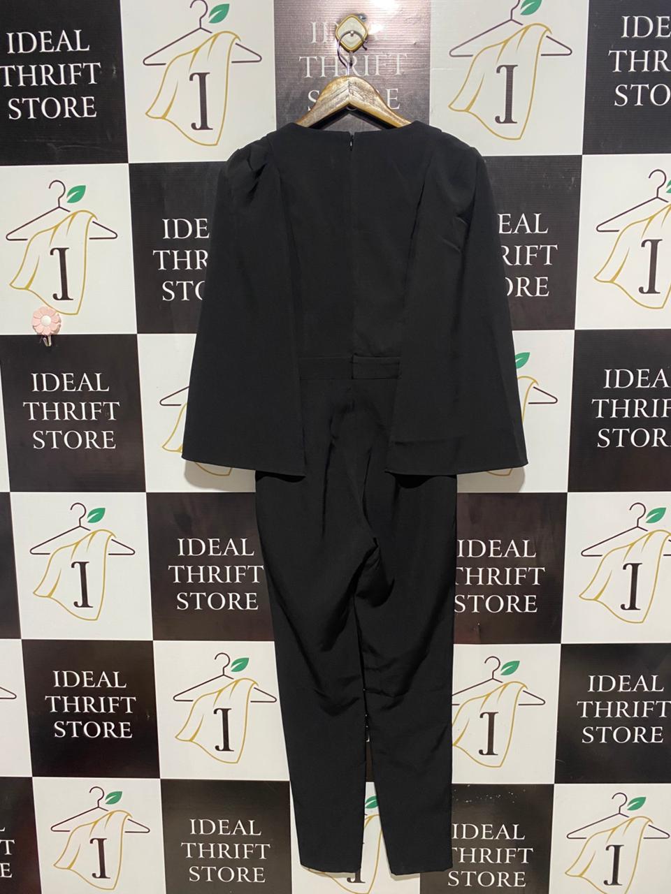 IVORY & CHAIN |M| BUST 17| B12| WOMEN'S SOPHISTICATED BLACK V-NECK JUMPSUIT WITH KIMO SLEEVES