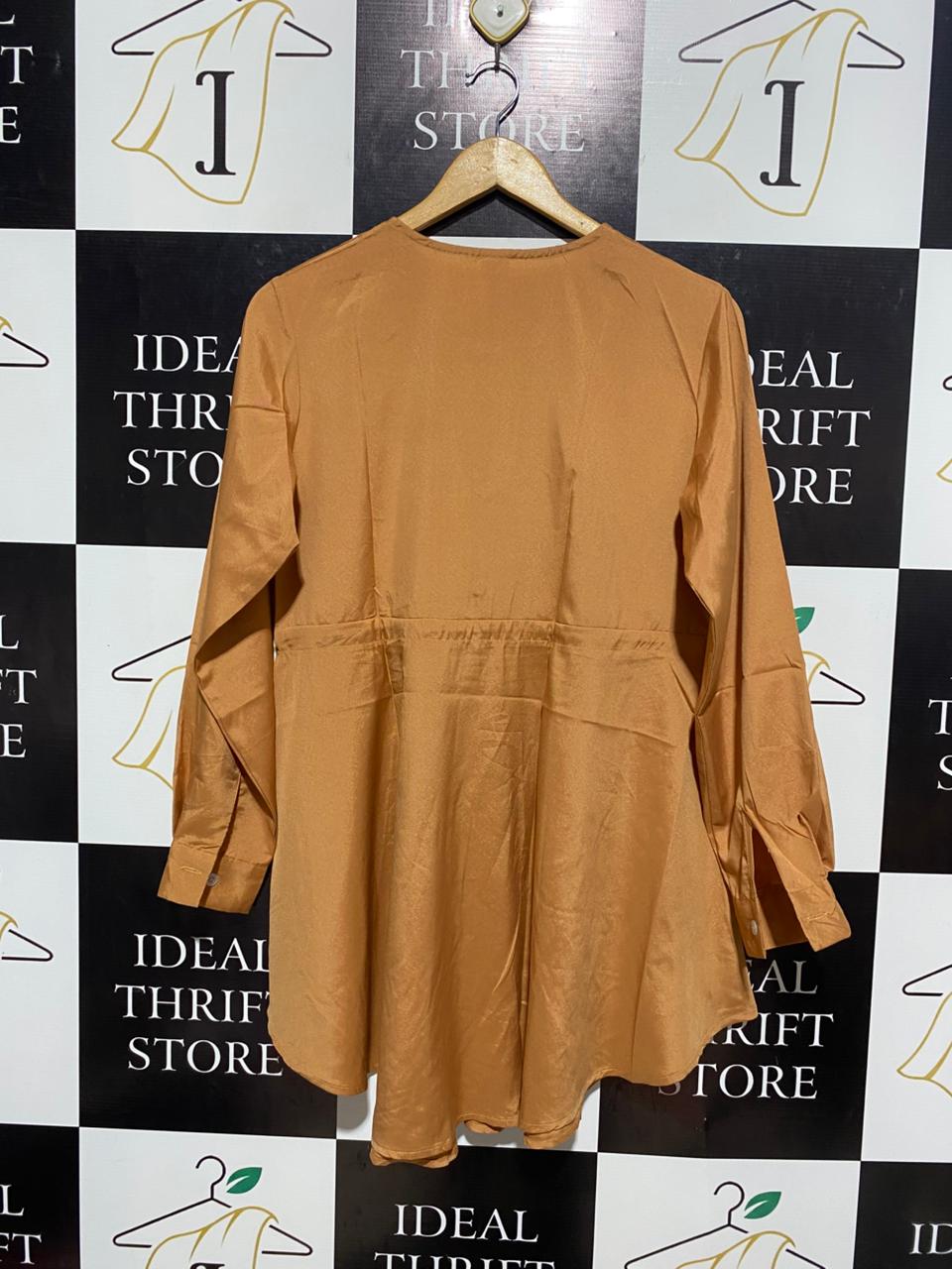 YAMMY S |S/M| BUST 19| B6| WOMEN'S CHIC MUSTARD YELLOW BUTTON-DOWN CINCHED WAIST BLOUSE