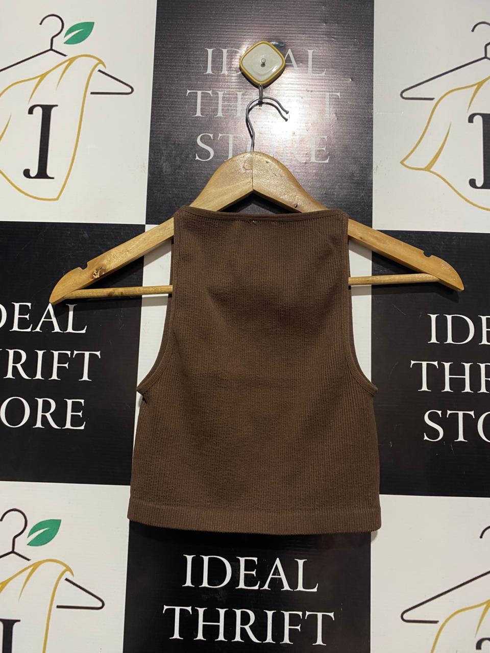 COTTON ON |XS| BUST 11| B6| CHOCOLATE BROWN RIBBED SEAMLESS HIGH NECK CROP TOP