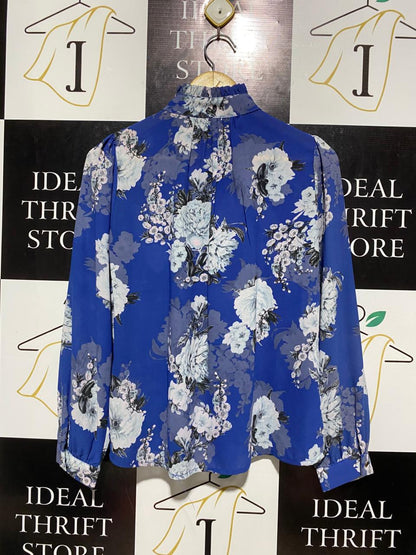 FORCAST |M| BUST 19| B6| ROYAL BLUE FLORAL RUFFLE HIGH NECK BLOUSE