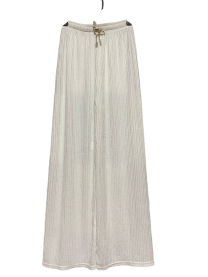 |XS| WAIST 24| B7| PREMIUM OFF-WHITE PLEATED SHIMMER WIDE-LEG TROUSERS WITH DRAWSTRING