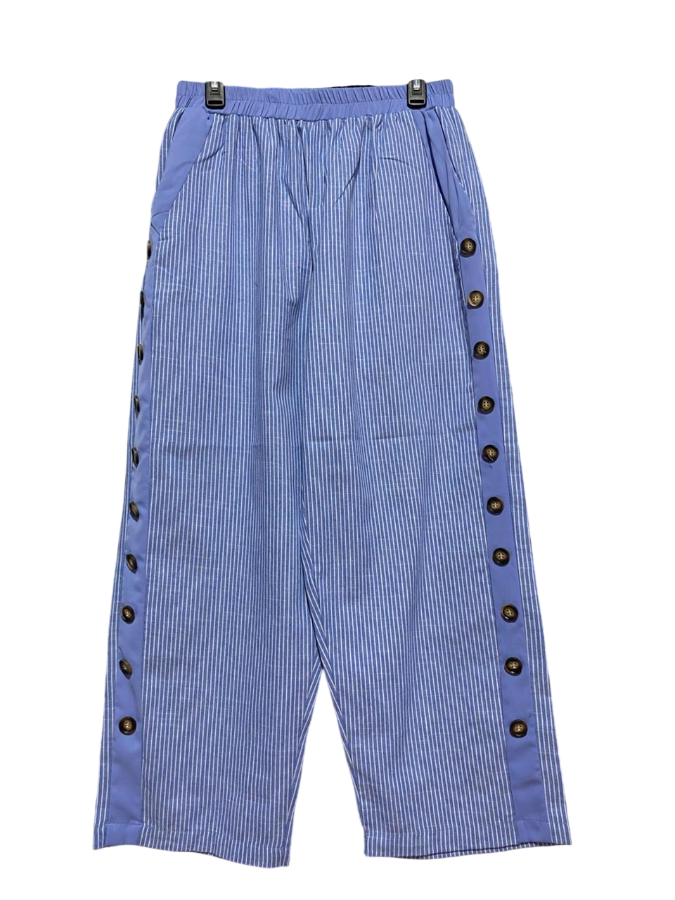 |M| WAIST 29| B7| BLUE PINSTRIPE WIDE-LEG TROUSERS WITH SIDE BUTTON