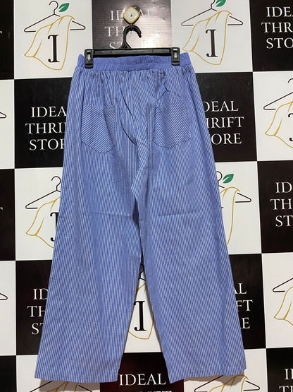 |M| WAIST 29| B7| BLUE PINSTRIPE WIDE-LEG TROUSERS WITH SIDE BUTTON
