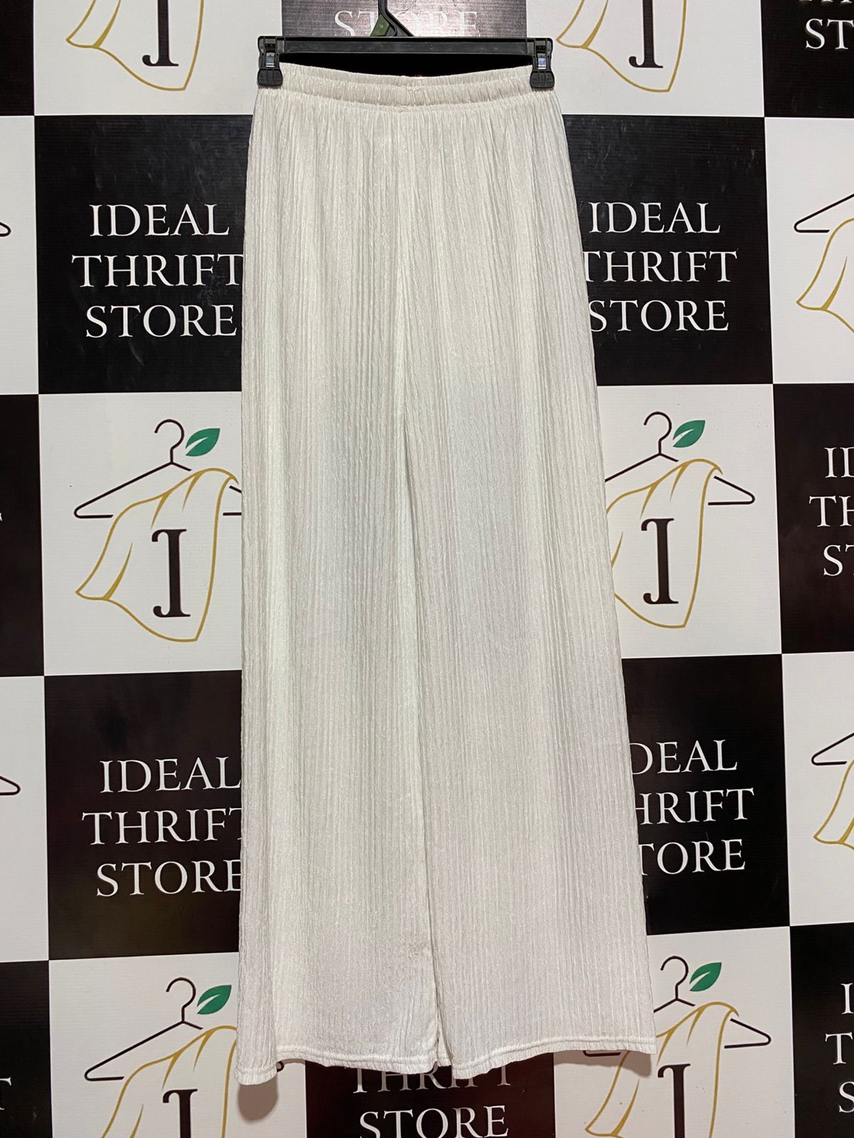 |XS| WAIST 24| B7| PREMIUM OFF-WHITE PLEATED SHIMMER WIDE-LEG TROUSERS WITH DRAWSTRING