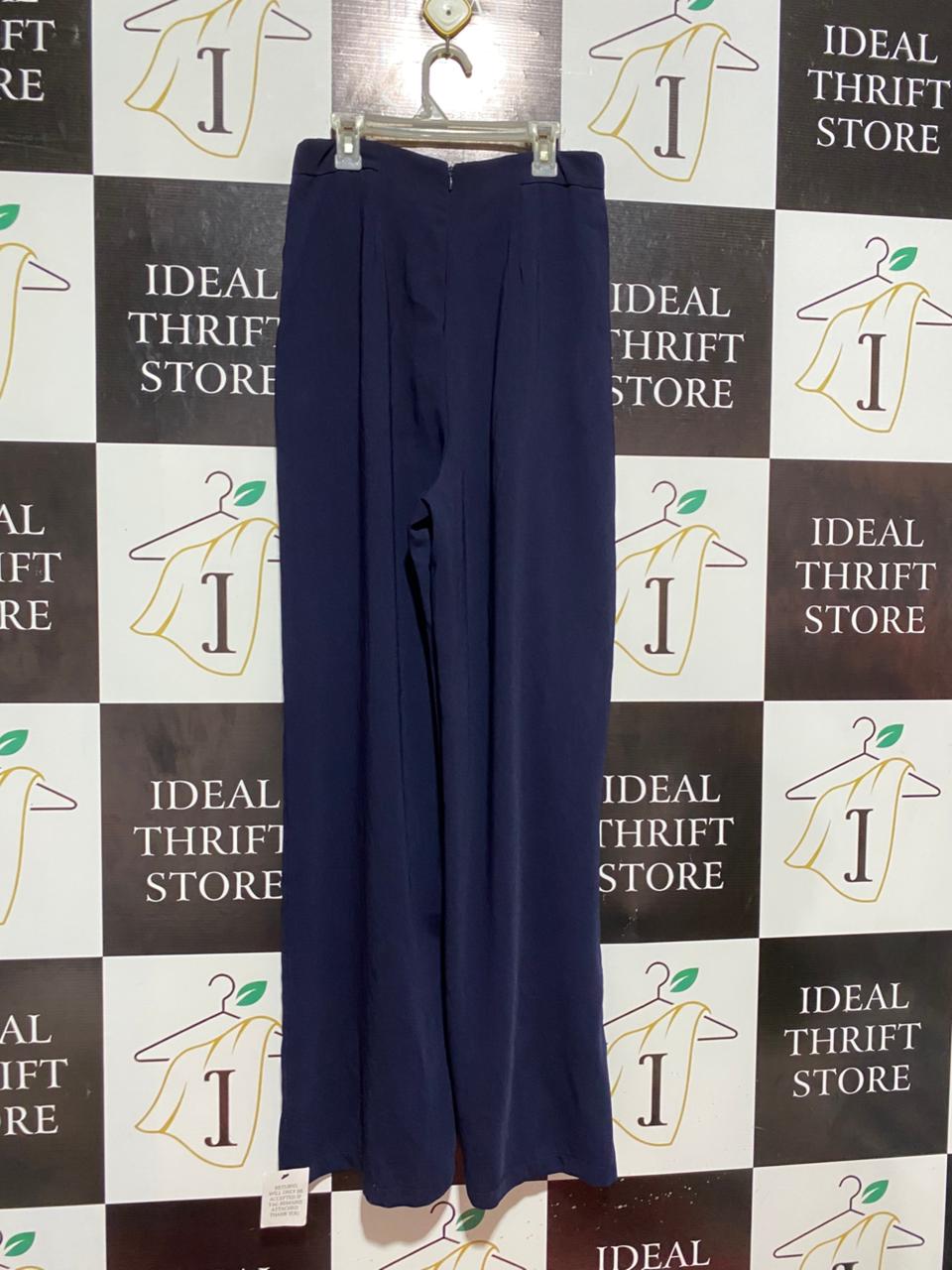 TUSSAH |M| WAIST 28| B7| PREMIUM NAVY BLUE HIGH-WAISTED WIDE-LEG PLEATED TROUSERS WITH SILVER ACCENTS