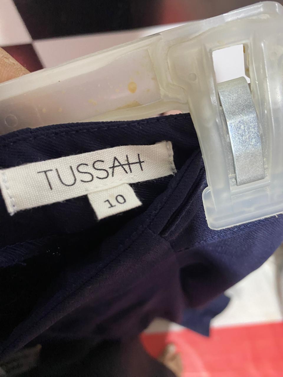 TUSSAH |M| WAIST 28| B7| PREMIUM NAVY BLUE HIGH-WAISTED WIDE-LEG PLEATED TROUSERS WITH SILVER ACCENTS