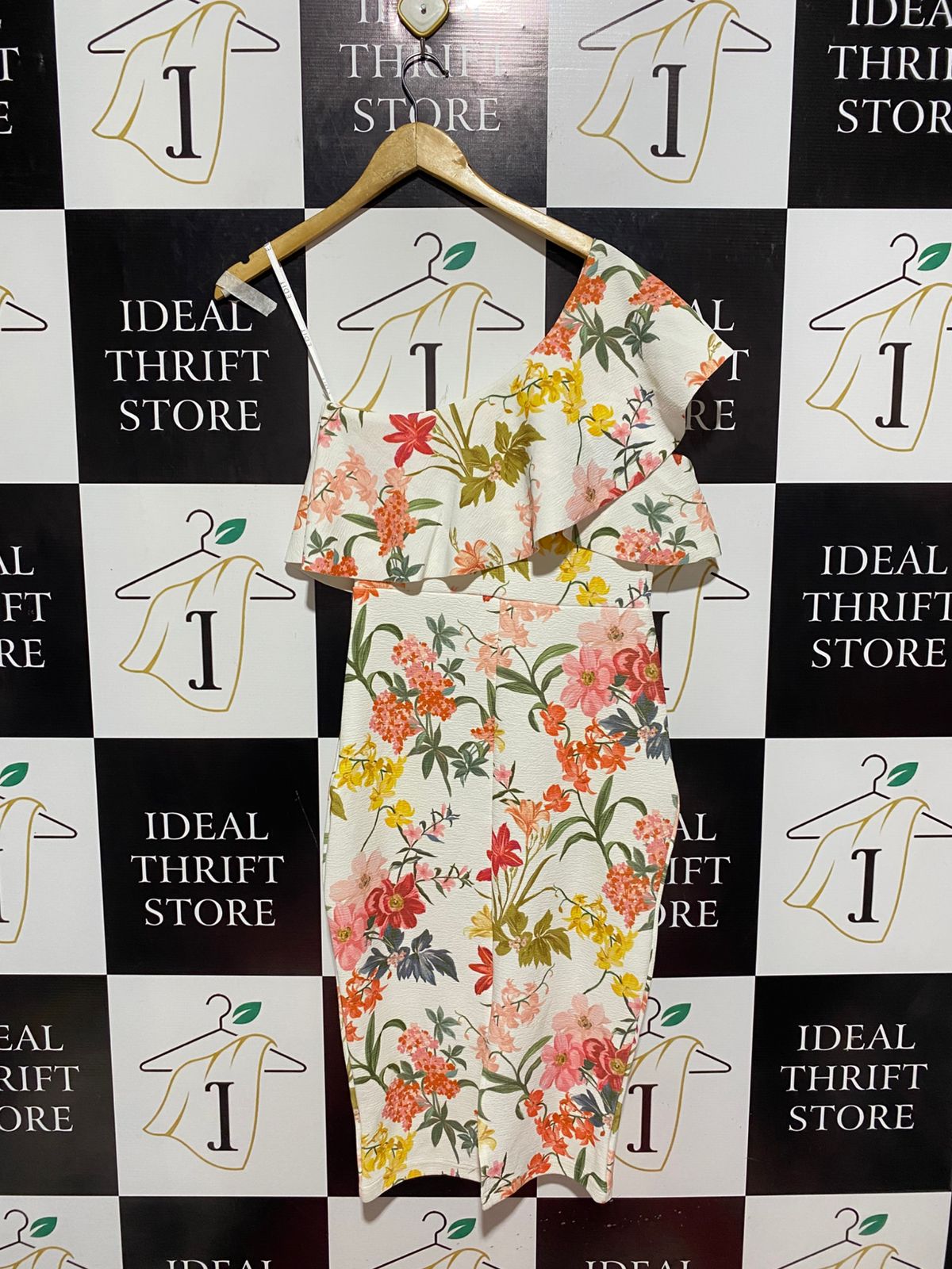 EDIT | XS| BUST 16| B7| LORAL PRINT ONE-SHOULDER RUFFLE MIDI DRESS