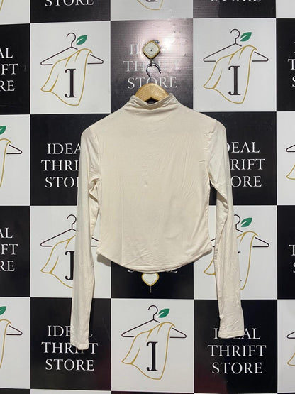 MESHKI |M| BUST 15| B7|MESHKI OFF-WHITE HIGH NECK LONG SLEEVE CORSET HEM TOP