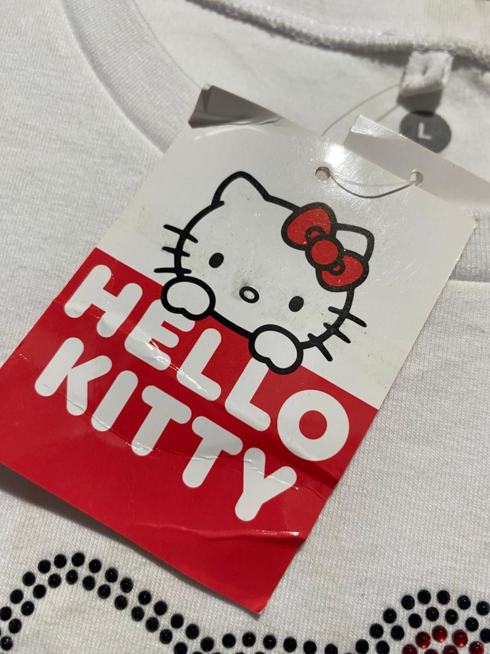 HELLO KITTY |M| BUST 16| B7| RHINESTONE GRAPHIC CROP TOP - WHITE Y2K VINTAGE STYLE T-SHIRT