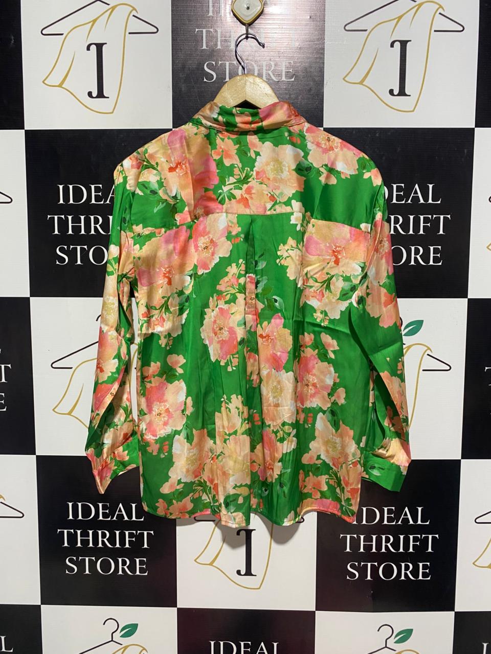 DOTTI |L| BUST 21| B7| VIBRANT GREEN FLORAL SATIN BUTTON-DOWN