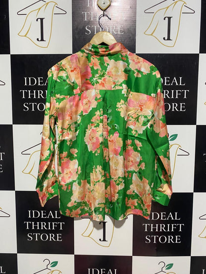 DOTTI |L| BUST 21| B7| VIBRANT GREEN FLORAL SATIN BUTTON-DOWN