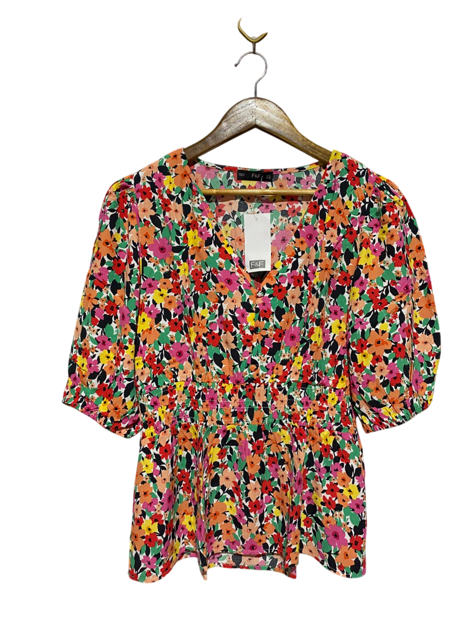 F&F |L| BUST 19| B7| MULTICOLOR VIBRANT FLORAL V-NECK PEPLUM BLOUSE