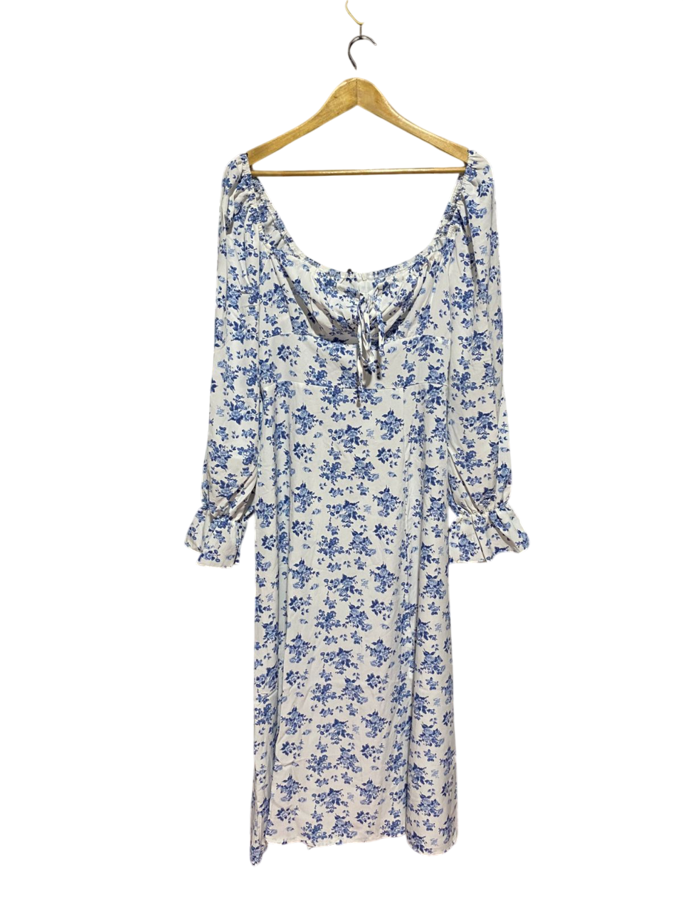 |M| BUST 18| B8| VINTAGE BLUE FLORAL CHATEAU MIDI DRESS WITH RUFFLE CUFFS