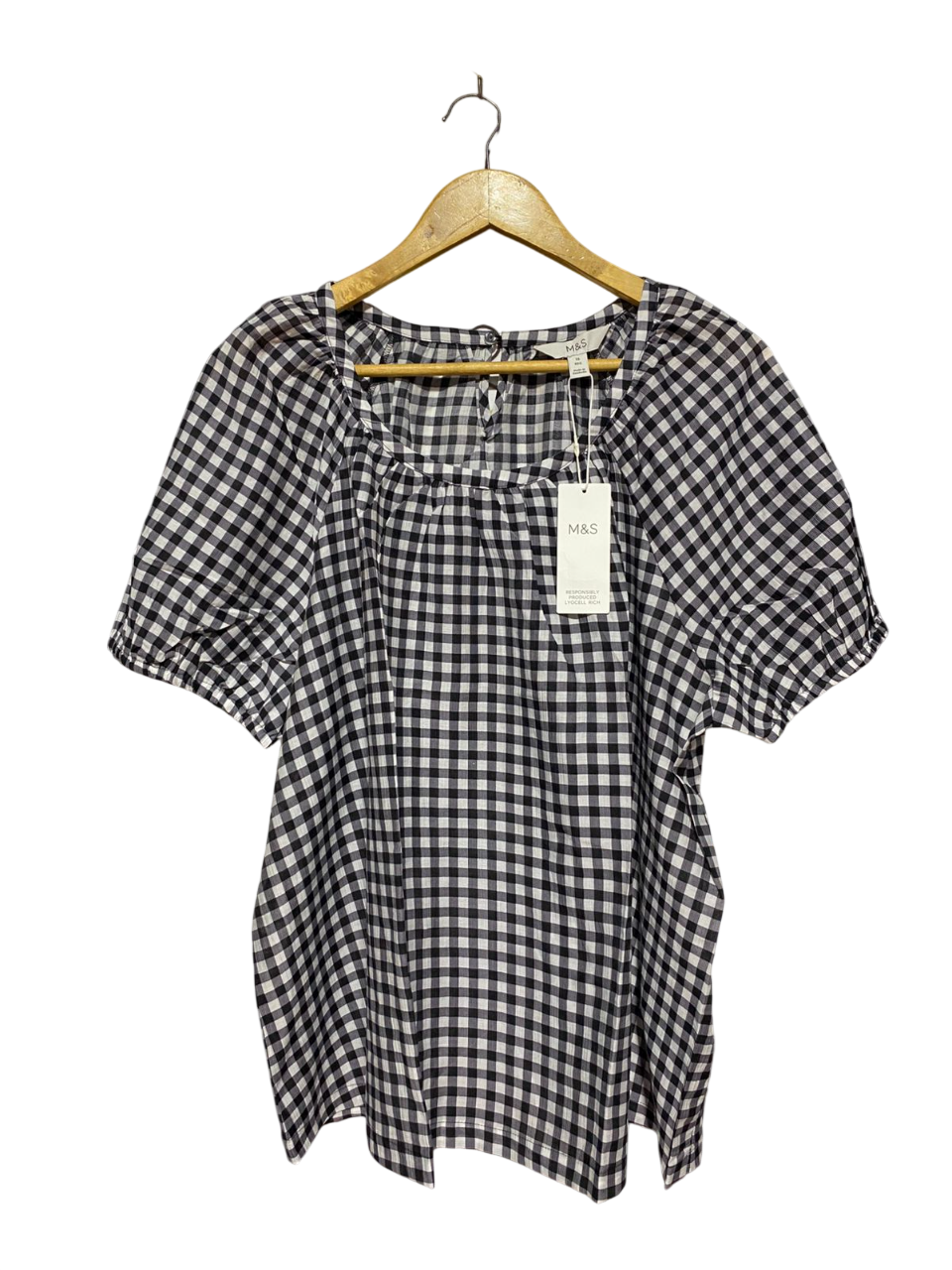 M&S |L| BUST 24| B8| BLACK AND WHITE GINGHAM PUFF SLEEVE BLOUSE