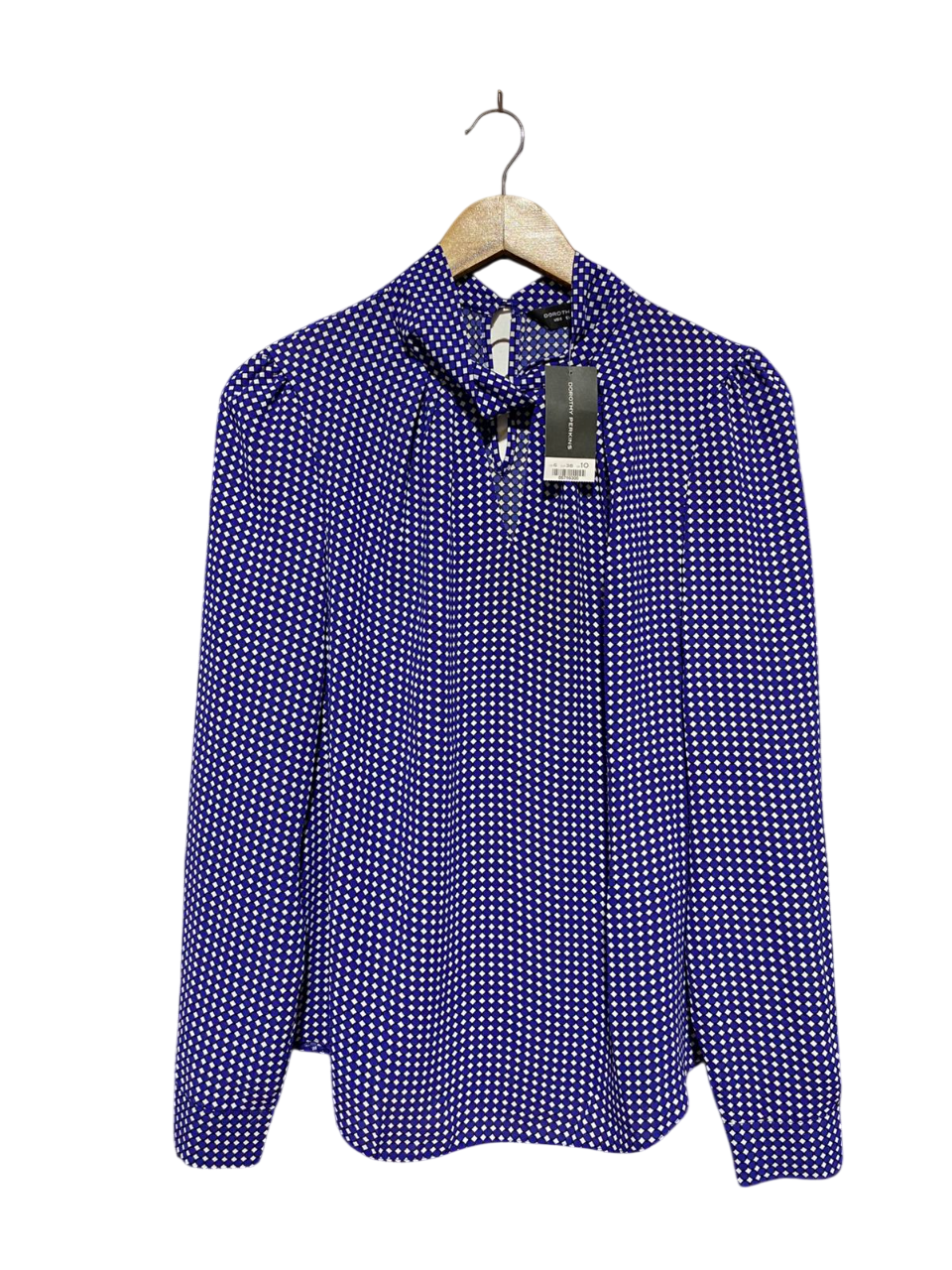 DOROTHY PERKIN |L| BUST 20| B8| ELEGANT ROYAL BLUE AND WHITE GEOMETRIC PRINT HIGH-NECK BLOUSE