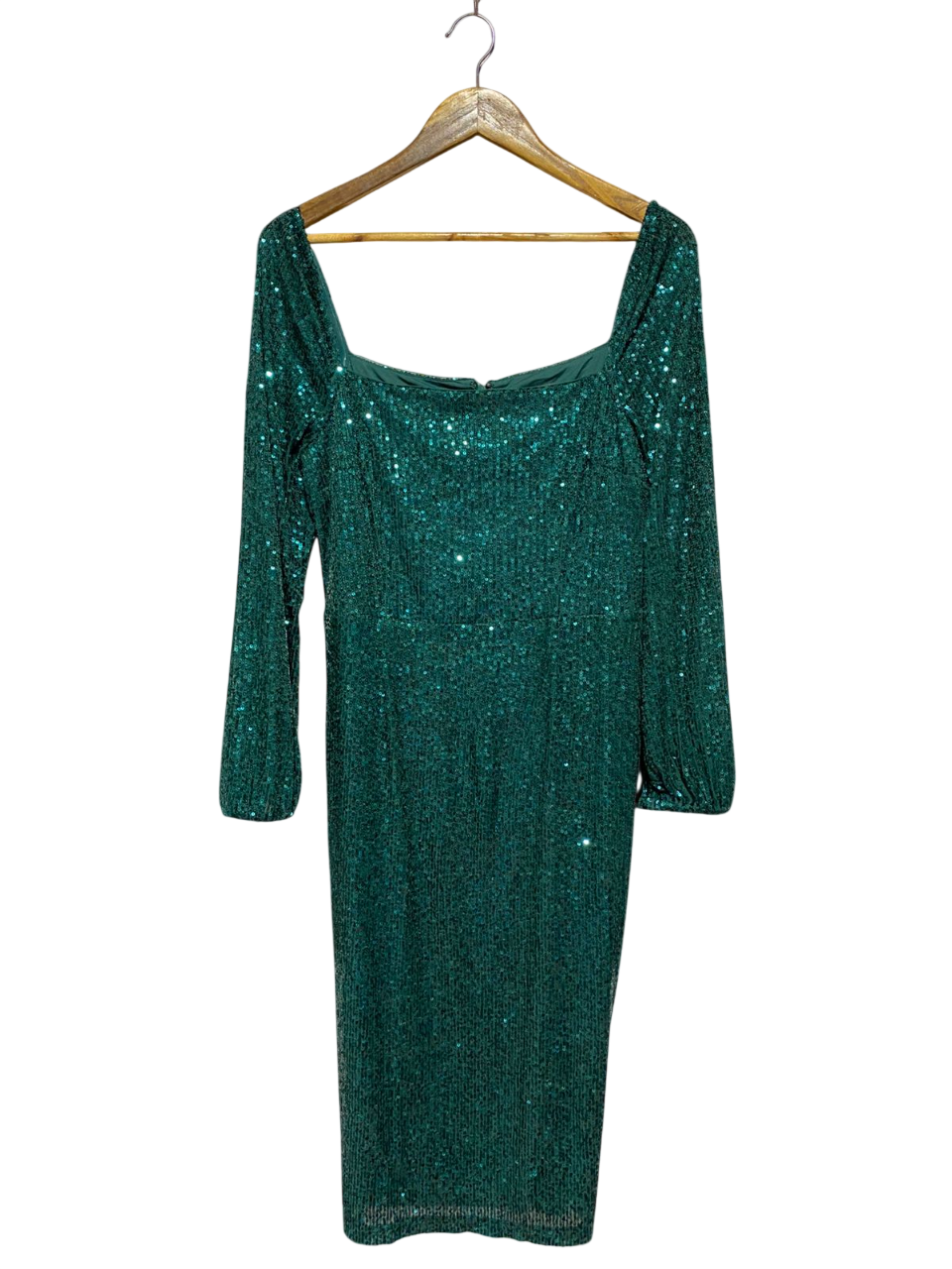 SOSANDAR |M| BUST 16| B8| LUXURIOUS EMERALD GREEN SEQUIN SQUARE NECK COCKTAIL DRESS