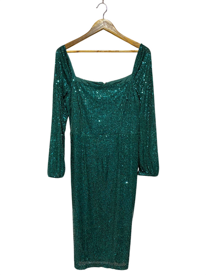 SOSANDAR |M| BUST 16| B8| LUXURIOUS EMERALD GREEN SEQUIN SQUARE NECK COCKTAIL DRESS