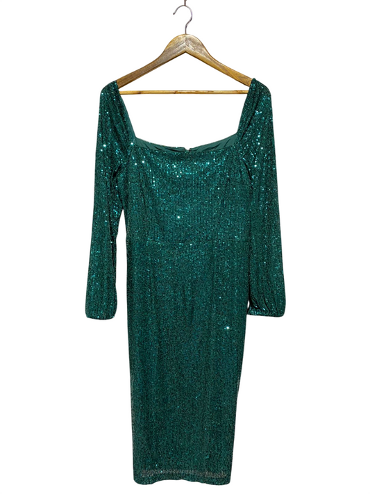 SOSANDAR |M| BUST 16| B8| LUXURIOUS EMERALD GREEN SEQUIN SQUARE NECK COCKTAIL DRESS