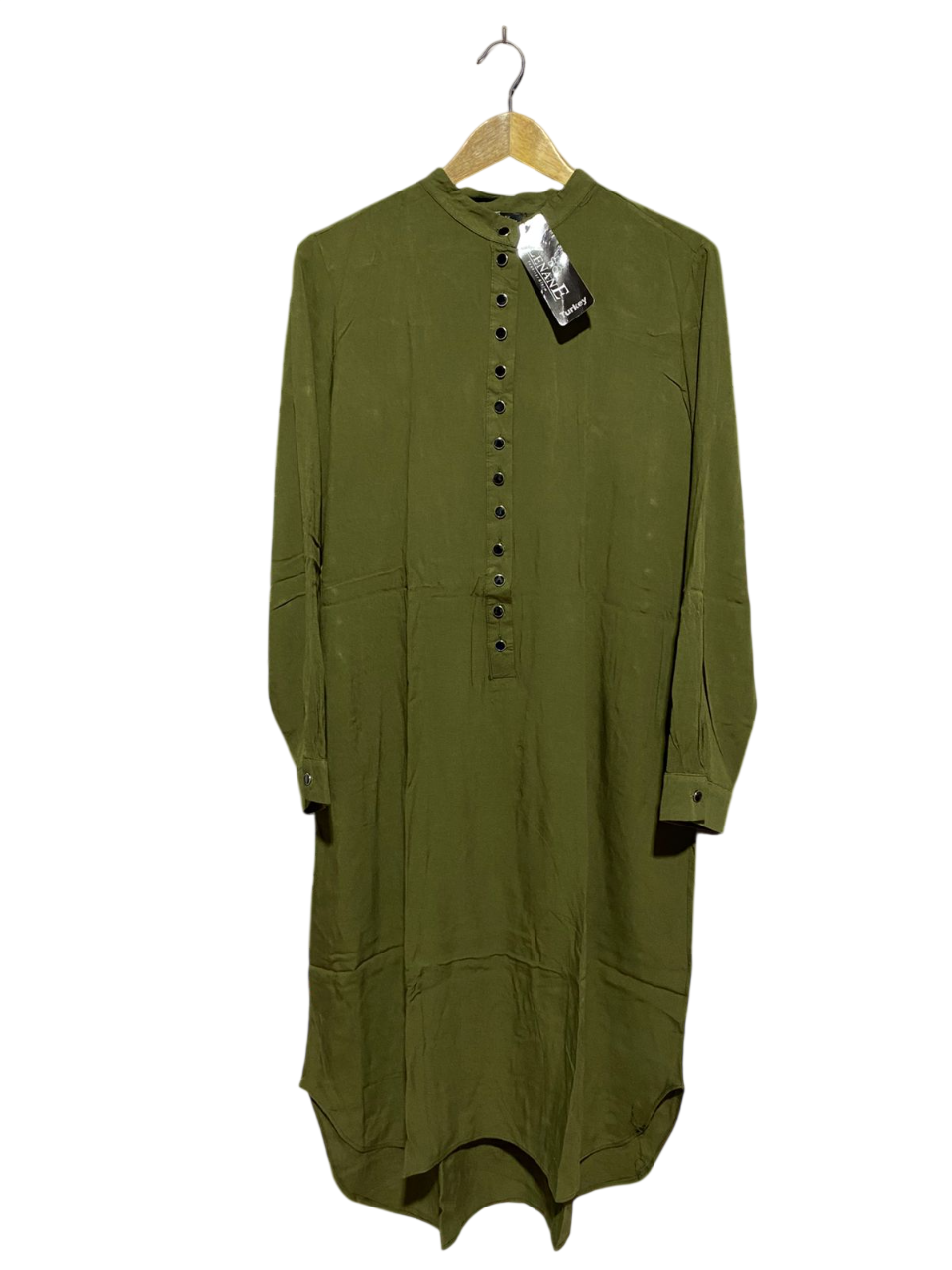 ZENANE |L| BUST 21| B8| CLASSIC OLIVE GREEN BUTTON-DOWN MANDARIN COLLAR MIDI DRESS