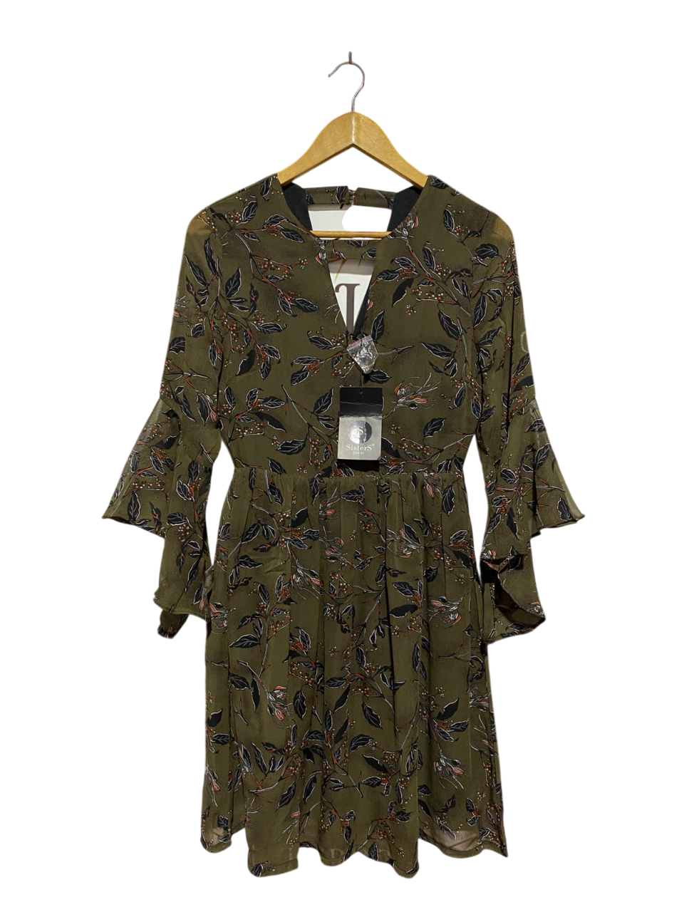 SISTERS POINT |M| BUST 17| B8| ELEGANT OLIVE GREEN BOTANICAL PRINT MINI DRESS WITH BELL SLEEVES