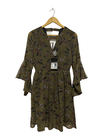 SISTERS POINT |M| BUST 17| B8| ELEGANT OLIVE GREEN BOTANICAL PRINT MINI DRESS WITH BELL SLEEVES