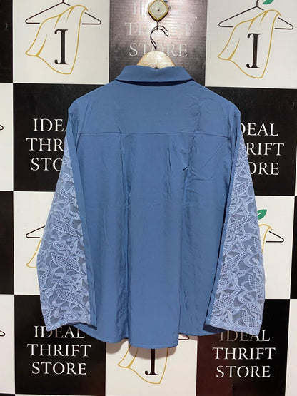 ELEGANT BLUE LACE PANEL BUTTON-DOWN BLOUSE |XL| BUST 24| B8|