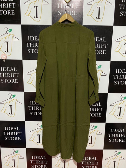 ZENANE |L| BUST 21| B8| CLASSIC OLIVE GREEN BUTTON-DOWN MANDARIN COLLAR MIDI DRESS