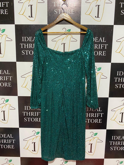 SOSANDAR |M| BUST 16| B8| LUXURIOUS EMERALD GREEN SEQUIN SQUARE NECK COCKTAIL DRESS