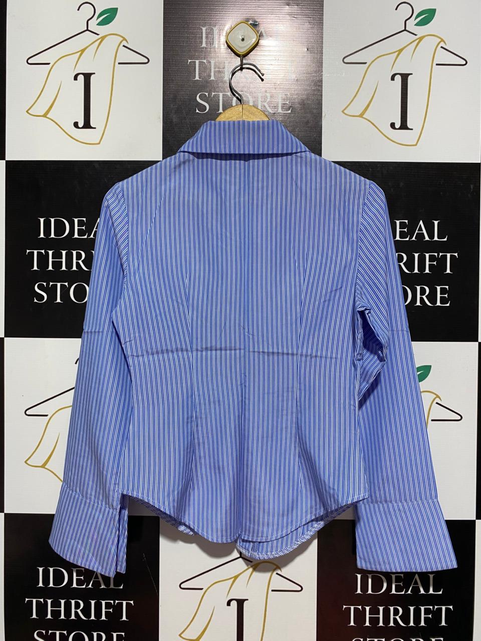 SHEIN |S| BUST 17| B8| CLASSIC BLUE AND WHITE VERTICAL STRIPED BUTTON-DOWN SHIRT