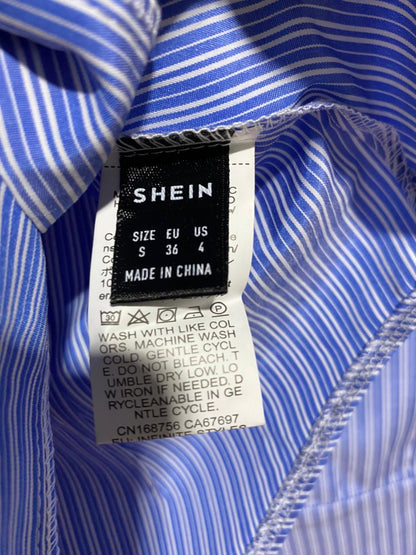 SHEIN |S| BUST 17| B8| CLASSIC BLUE AND WHITE VERTICAL STRIPED BUTTON-DOWN SHIRT