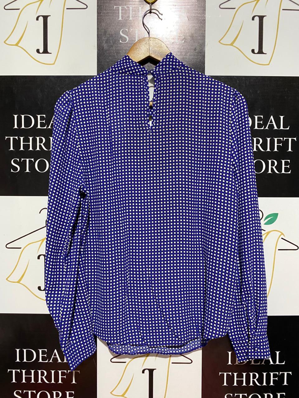 DOROTHY PERKIN |L| BUST 20| B8| ELEGANT ROYAL BLUE AND WHITE GEOMETRIC PRINT HIGH-NECK BLOUSE