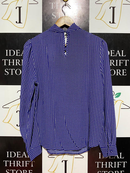 DOROTHY PERKIN |L| BUST 20| B8| ELEGANT ROYAL BLUE AND WHITE GEOMETRIC PRINT HIGH-NECK BLOUSE