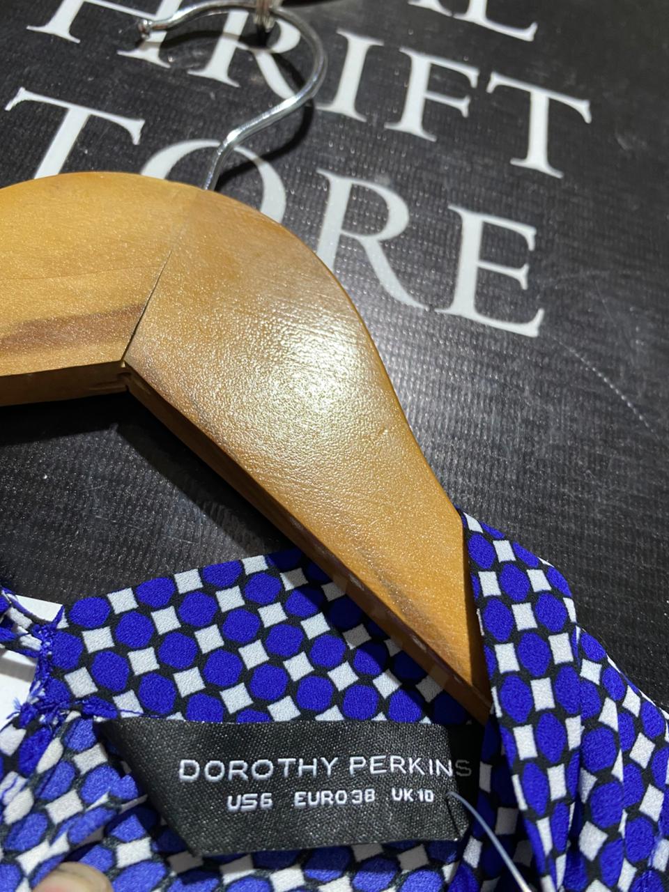 DOROTHY PERKIN |L| BUST 20| B8| ELEGANT ROYAL BLUE AND WHITE GEOMETRIC PRINT HIGH-NECK BLOUSE