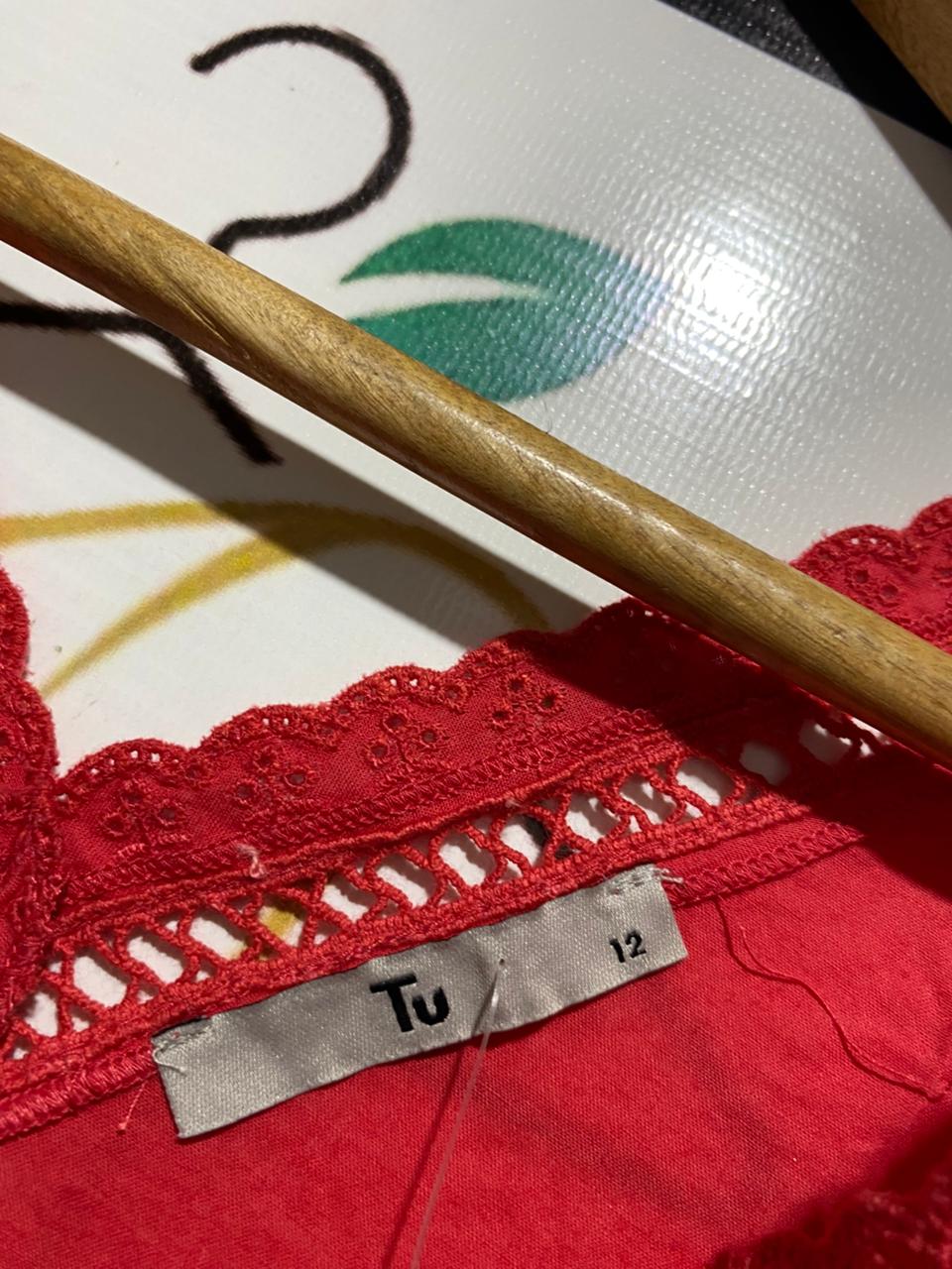 TU |M| BUST 19| B8| VIBRANT RED EYELET EMBROIDERY SLEEVELESS V-NECK TOP