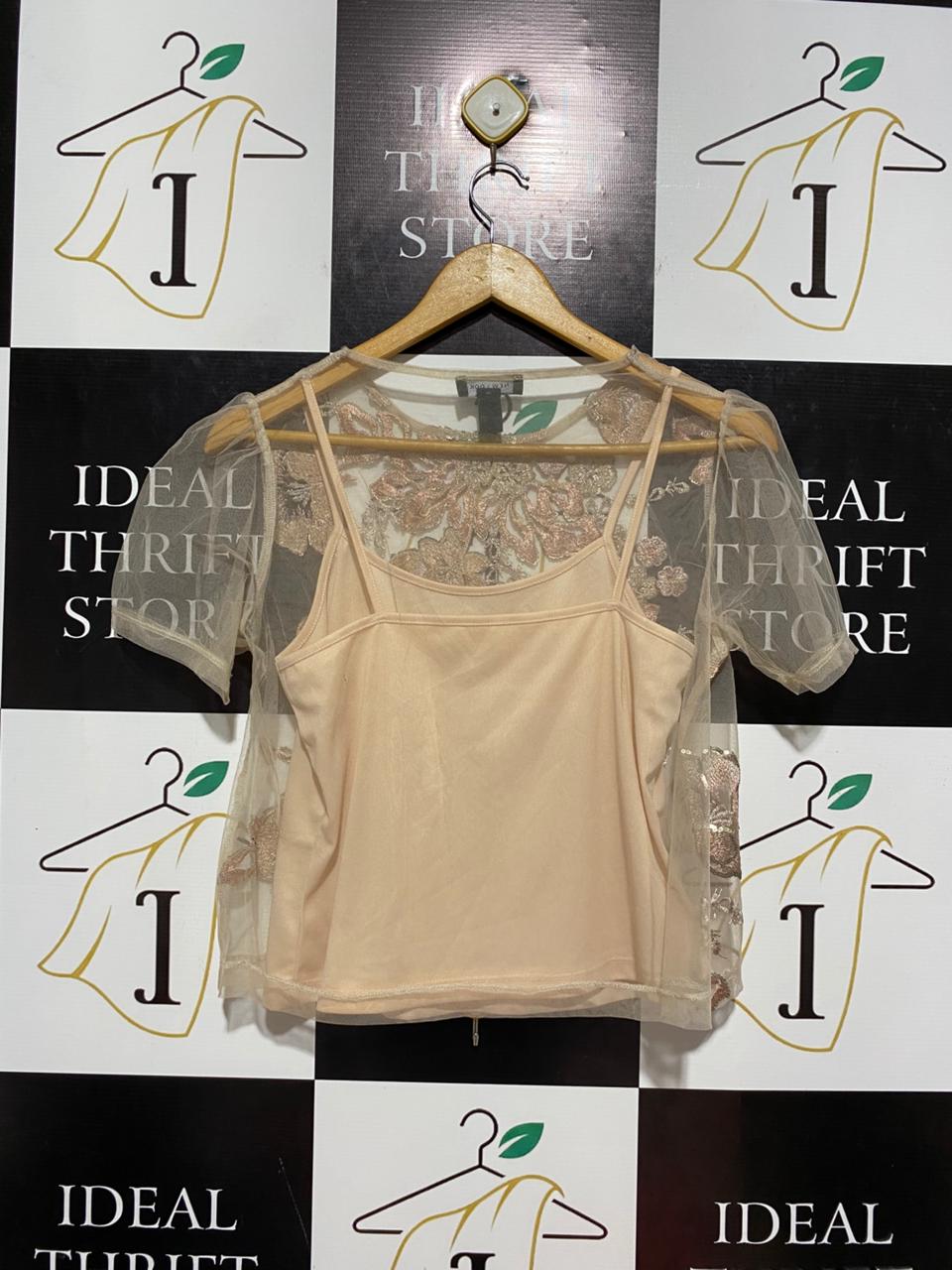 NEW LOOK |S| BUST 16| B8| SHEER MESH TOP WITH ROSE GOLD SEQUIN FLORAL EMBROIDERY