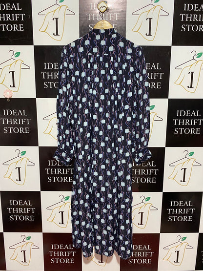 PRIMROSE |L| BUST 22| B7| ELEGANT NAVY FLORAL PRINT MOCK NECK MIDI DRESS WITH WAIST TIE
