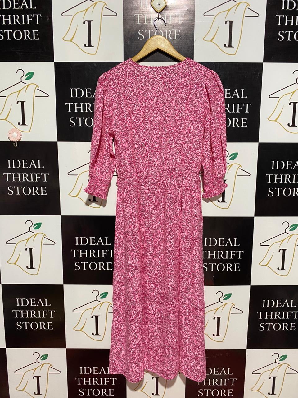 F&F |M| BUST 18| B7| ELEGANT PINK DITSY FLORAL WRAP-STYLE MIDI DRESS WITH WAIST TIE